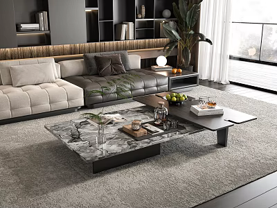 Modern Upholstered Sofa And Marble Top Coffee Table Set With Potted Plant And Decorative Items 3d model
