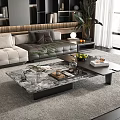 Modern Upholstered Sofa And Marble Top Coffee Table Set With Potted Plant And Decorative Items