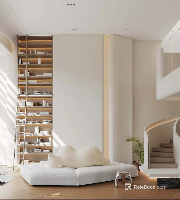 Minimalist Duplex Living Room Interior With Wooden Bookshelf And Natural Light 3d model 