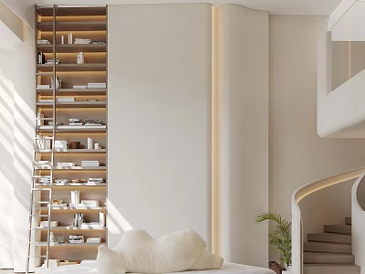 Minimalist Duplex Living Room Interior With Wooden Bookshelf And Natural Light 3d model