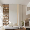 Minimalist Duplex Living Room Interior With Wooden Bookshelf And Natural Light