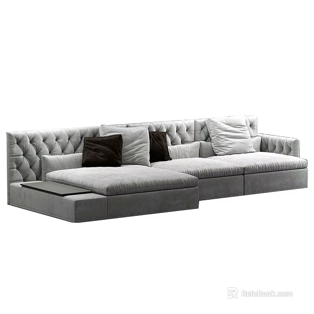 Elegant Gray Sectional Sofa With Button Tufted Design Chaise Lounge And Throw Pillows 3d model