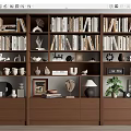Wooden Bookcase With Books Decorative Sculptures Framed Photos And Potted Plant
