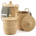 Woven Storage Baskets With Lids Handles And Gray Towels For Home Organization