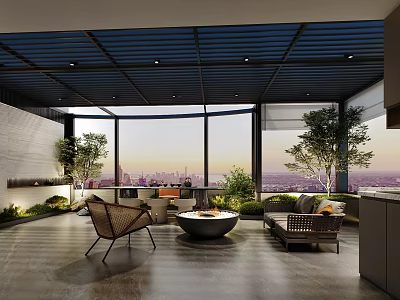 Modern Home Balcony Design With Sofa Fire Pit Green Plants Large Windows And City View 3d model