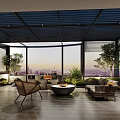 Modern Home Balcony Design With Sofa Fire Pit Green Plants Large Windows And City View