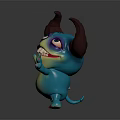 Cute 3D Cartoon Creature With Big Horns Blue Yellow Body Smiling Waving Hand