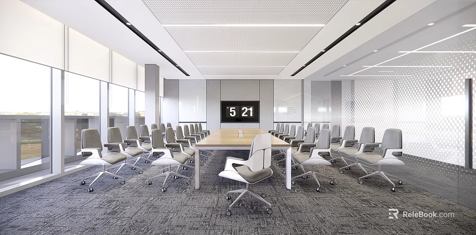 Modern Conference Room With Long Table Grey Chairs Large Screen And Bright Windows 3d model 
