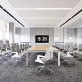 Modern Conference Room With Long Table Grey Chairs Large Screen And Bright Windows