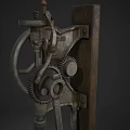 Vintage Industrial Manual Drill Press Machine With Metal Components Wooden Mounting Board And Foot Pedal