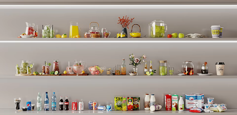 Assorted Drinks with Glass Jars Pitchers Bottles and Fresh Fruits on Shelves 3d model 