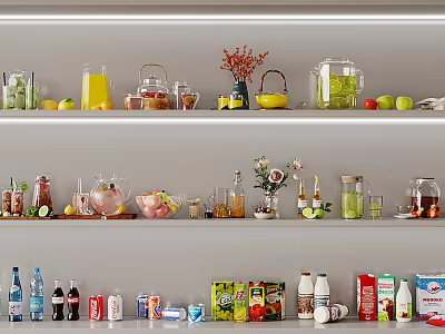 Assorted Drinks with Glass Jars Pitchers Bottles and Fresh Fruits on Shelves 3d model