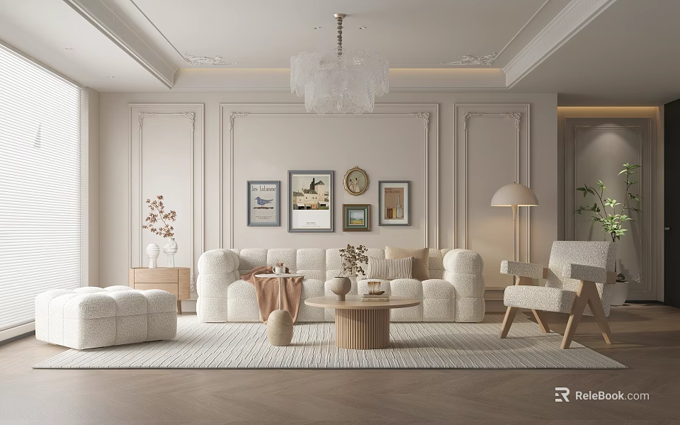 Modern Living Room Interior Design With White Sofa Decorative Paintings Chandelier Rug And Floor Lamp 3d model 