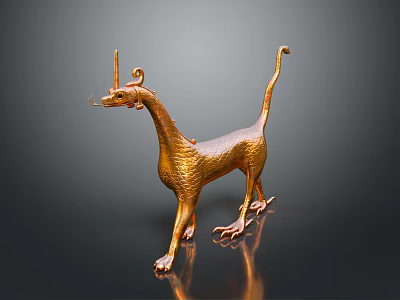 Golden Mythical Creature Sculpture With Horned Head Curved Tail And Clawed Feet 3d model