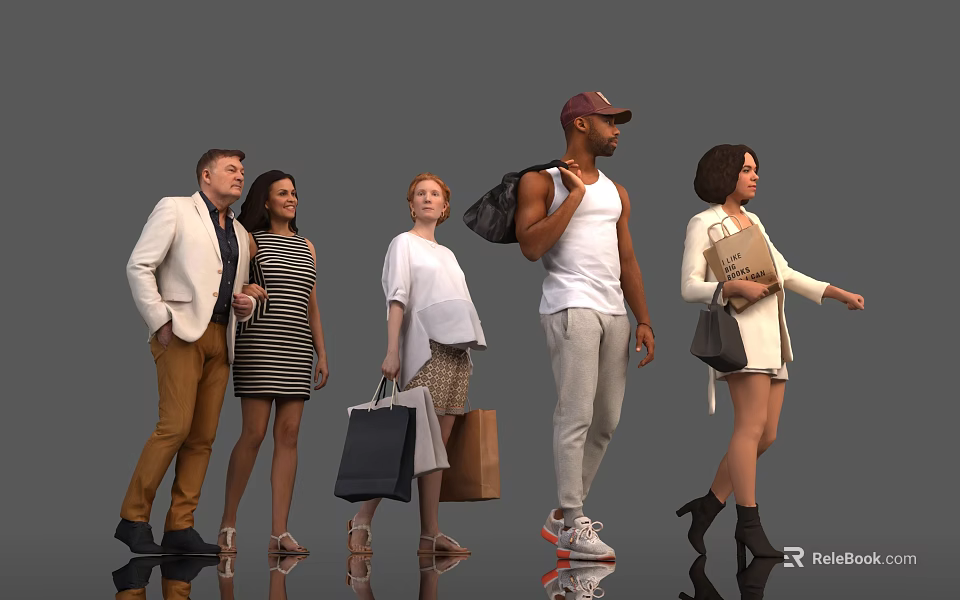 Diverse Group of People Standing Together in Casual and Formal Attire With Shopping Bags 3d model 