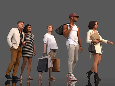 Diverse Group of People Standing Together in Casual and Formal Attire With Shopping Bags 3d model