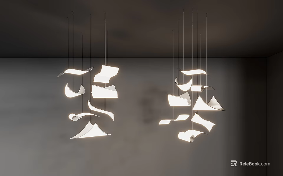 Modern Design White Origami Inspired Chandeliers With Soft Lighting Hanging In Minimalist Space 3d model 