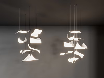 Modern Design White Origami Inspired Chandeliers With Soft Lighting Hanging In Minimalist Space 3d model
