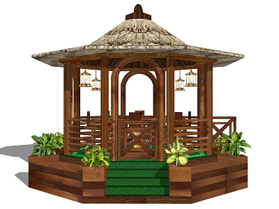 Traditional Wooden Gazebo With Thatched Roof Lanterns Green Steps And Plants 3d model