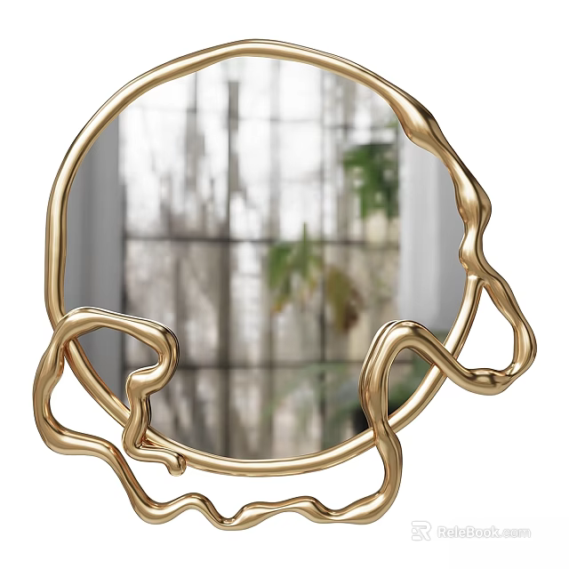 Gold Round Mirror With Intricate Curved Decorative Frame And Window Green Plant Reflection 3d model 