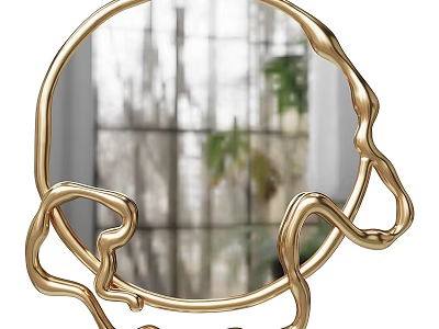 Gold Round Mirror With Intricate Curved Decorative Frame And Window Green Plant Reflection 3d model