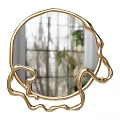 Gold Round Mirror With Intricate Curved Decorative Frame And Window Green Plant Reflection