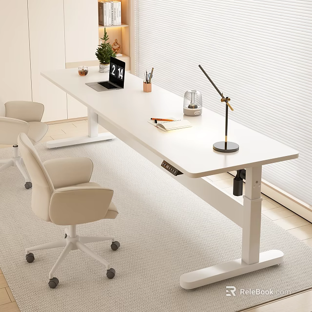 White Height Adjustable Desk with Modern Office Chairs for Workspace Setup 3d model 