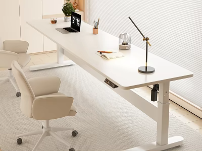 White Height Adjustable Desk with Modern Office Chairs for Workspace Setup 3d model
