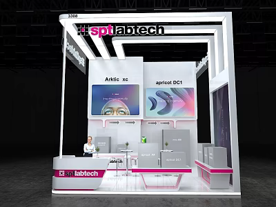 sptlabtech Exhibition Booth Featuring Display Screens Artile vs apricot QCI Tech Products And Staff 3d model