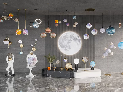 Celestial Themed Lighting Combinations With Planetary Moon Pendant Lights In Modern Gray Wall Decor Setting 3d model