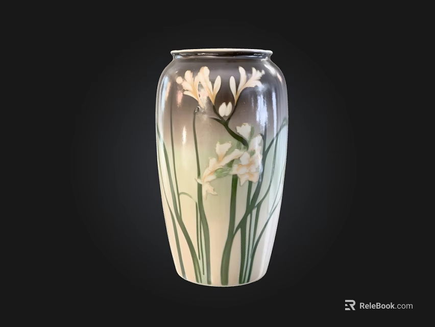 Elegant Ceramic Vase With White Flowers And Green Leaf Decorative Patterns 3d model 