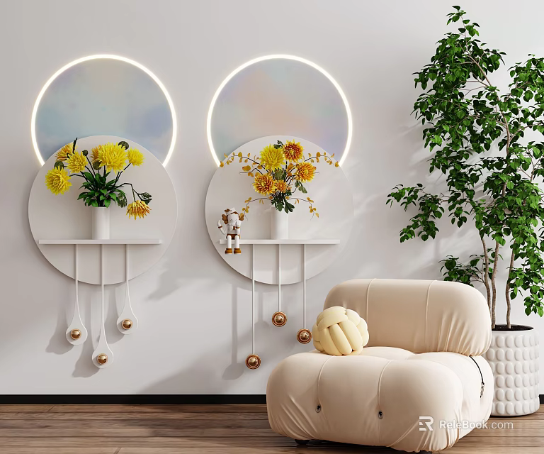 Modern Interior Decor With Circular Light Wall Art Yellow Flowers Beige Armchair Green Plant 3d model 