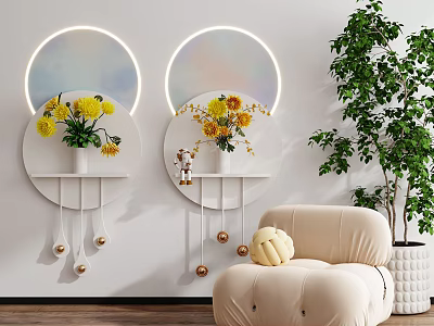Modern Interior Decor With Circular Light Wall Art Yellow Flowers Beige Armchair Green Plant 3d model