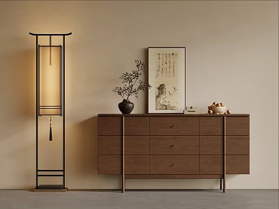 Wooden Entryway Console Cabinet With Drawers Vase Plant Floor Lamp And Painting 3d model