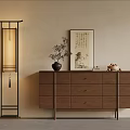 Wooden Entryway Console Cabinet With Drawers Vase Plant Floor Lamp And Painting