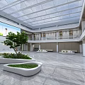 Modern Lobby With Glass Ceiling Large Screen Green Plants And Marble Floor