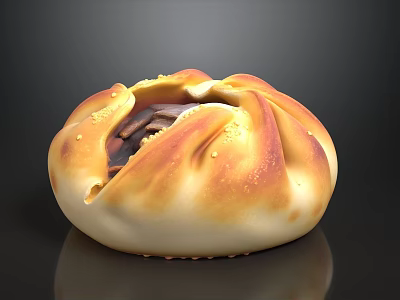 Golden Brown Baked Bun With Sesame Seeds And Open Top Filling On Black Background 3d model
