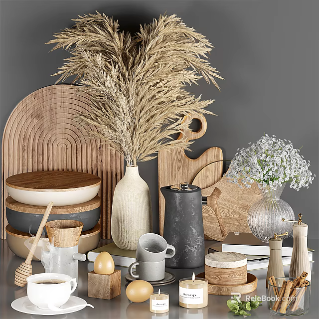 Rustic Wooden Kitchen Utensils With Cutting Board Ceramic Cups And Dried Grass Decor 3d model 