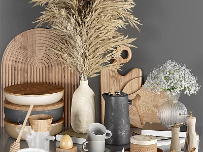 Rustic Wooden Kitchen Utensils With Cutting Board Ceramic Cups And Dried Grass Decor 3d model