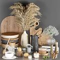Rustic Wooden Kitchen Utensils With Cutting Board Ceramic Cups And Dried Grass Decor