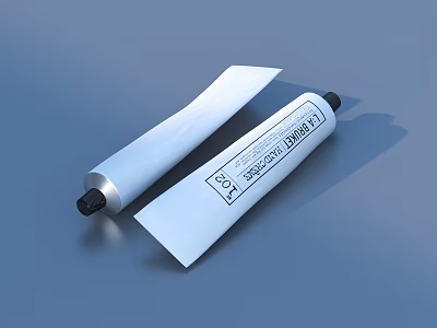 Two Rolls of White Household Tape with Black Labels Text and Symbols on Blue Background 3d model