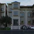 Modern Single Family Home Exterior With Beige Walls Large Windows Blue Roof And Green Shrubs