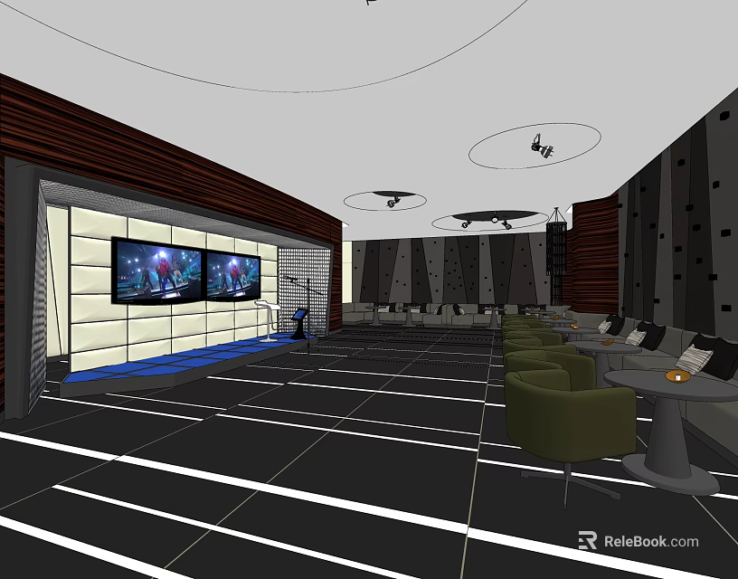 Modern KTV Lounge Interior Design With Large Screens Comfortable Seating And Lighting 3d model 