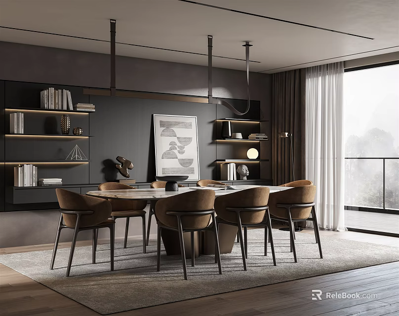 Modern Restaurant Interior Design With Dining Table Chairs Pendant Lights And Large Window 3d model