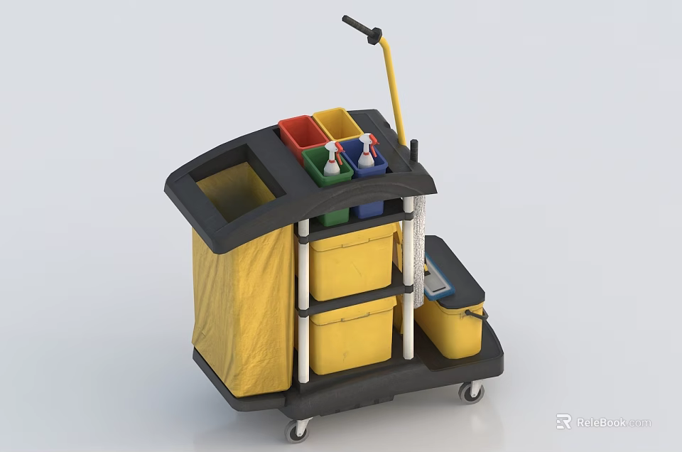 Heavy Duty Cleaning Tool Cart With Yellow Storage Bag And Colorful Compartments On Wheels 3d model 