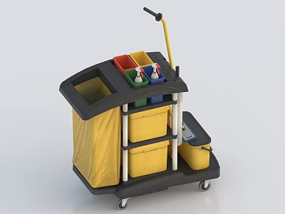 Heavy Duty Cleaning Tool Cart With Yellow Storage Bag And Colorful Compartments On Wheels 3d model