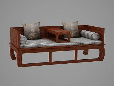 Traditional Chinese Wooden Daybed With Striped Seat Cushion Decorative Pillows And Center Table 3d model