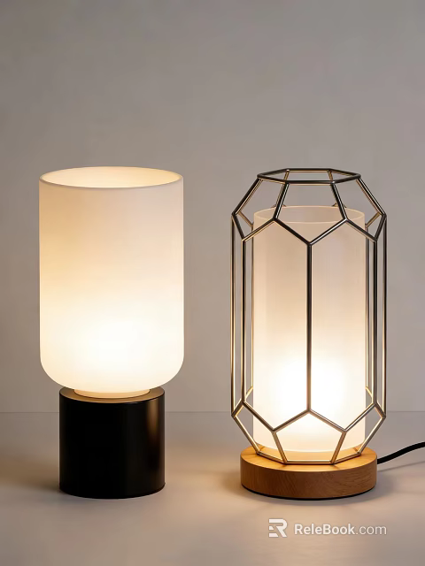 Illuminated Modern Table Lamps With White Cylindrical Shade And Geometric Metal Frame 3d model 