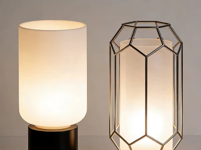 Illuminated Modern Table Lamps With White Cylindrical Shade And Geometric Metal Frame 3d model
