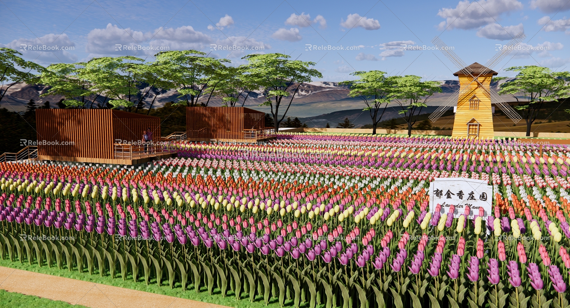 Modern Flower Sea Tulip Flower Field Park Landscape Romantic Flower Sea Internet Celebrity Tourist Attractions Landscape Wooden Plank Road Dutch Cart 3d model